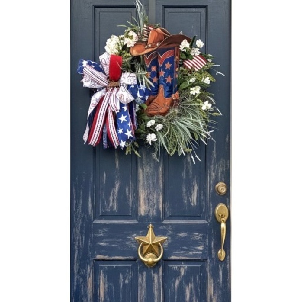 Patriotic Cowboy Wreath Western Boots Hat Front Door Decor Red, White Blue‎